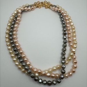 Vintage Avon 3 strand faux pearl necklace with gold tone ornate clasp